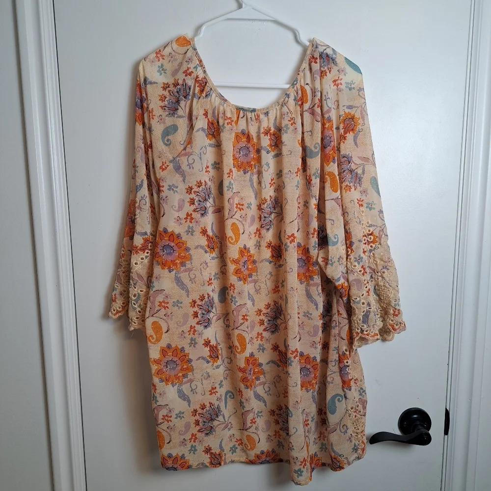 db Cream Orange Floral 3/4 Sleeve Crochet Scalloped Hem Sheer Fairy Top Sz 2X - Picture 3 of 7